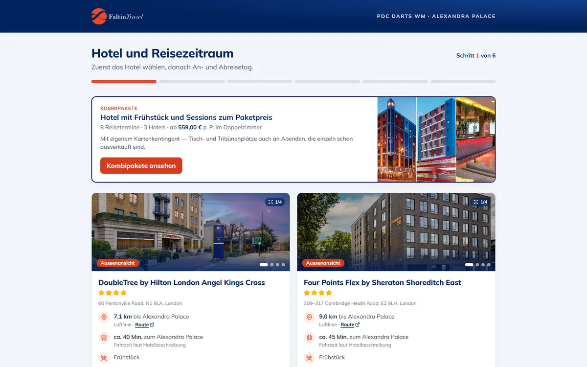 Buchungsstrecke der Darts-Reiseplattform von Faltin Travel