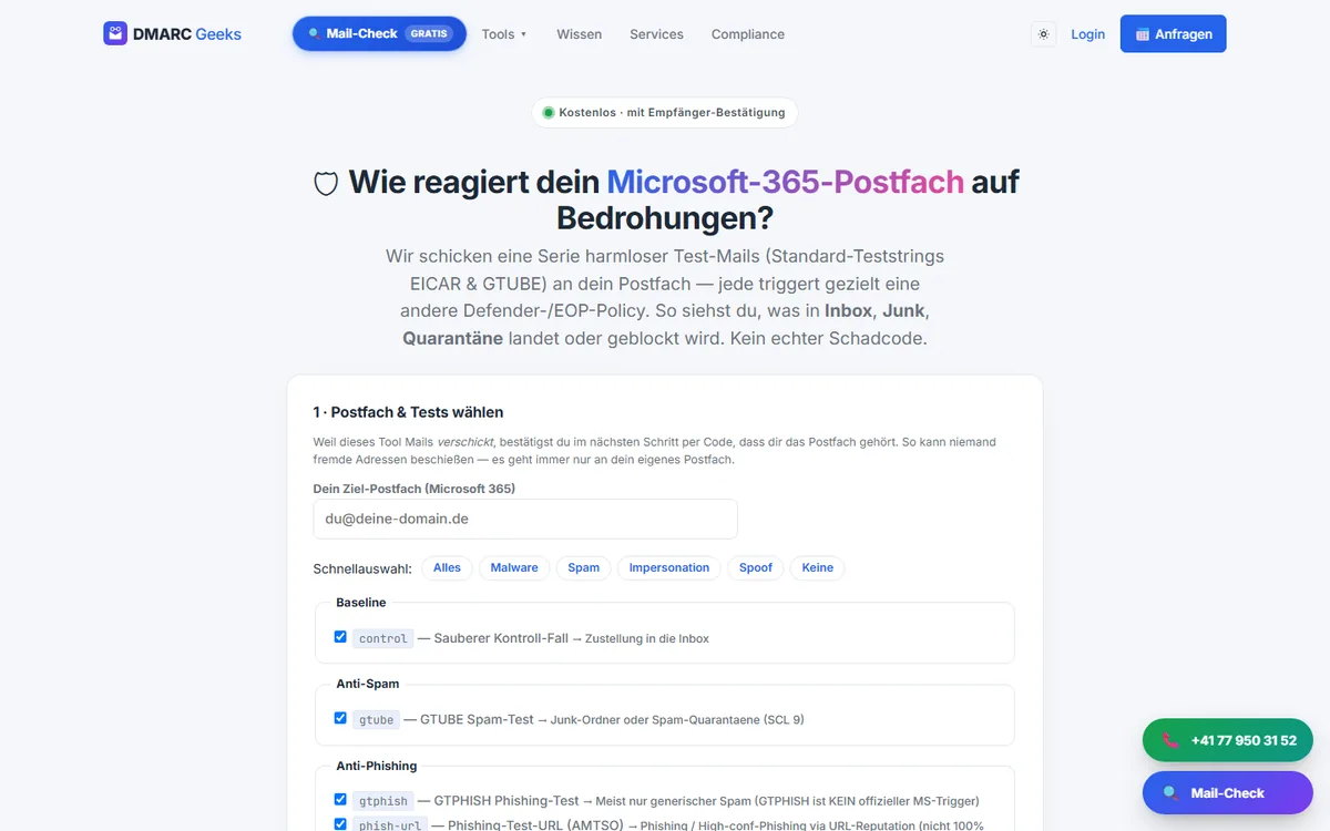 Threat-Test von DMARC Geeks mit Auswahl der Testfälle für Spam, Malware, Anhänge, Phishing und Impersonation